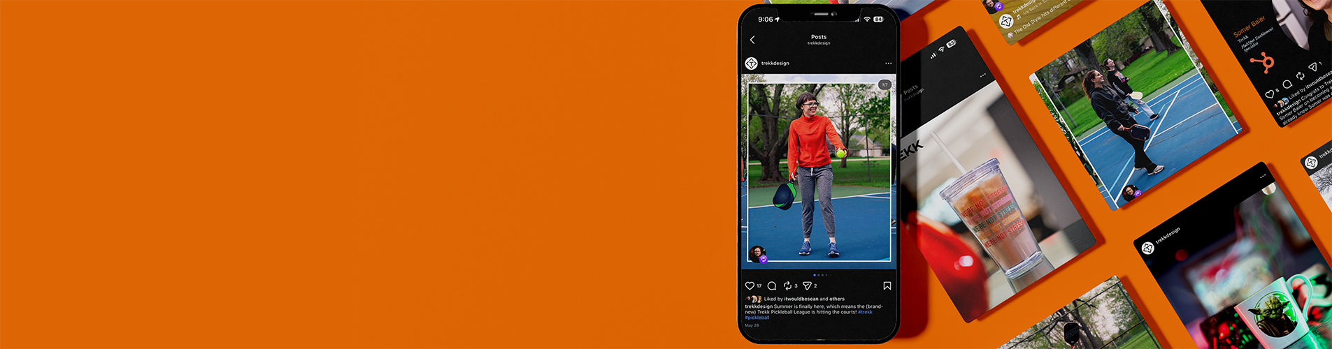 image with cellphone of shayne terry playing pickleball with marketing collateral to the right of the cellphone 