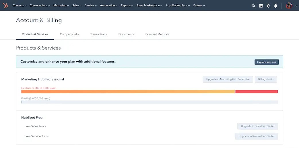 HubSpot account and billing page