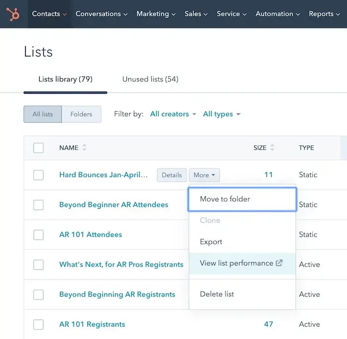 HubSpot list page