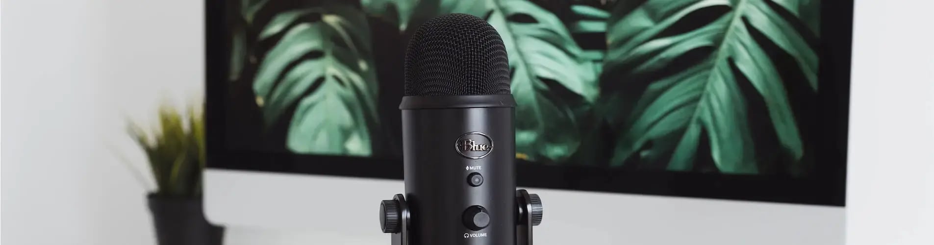 Podcast microphone in front of computer monitor 