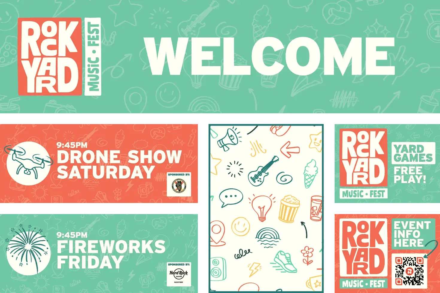 RockYard Music Fest welcome banner featuring a playful doodle backdrop, Saturday drone show and Friday fireworks listings, yard games, and event info. RockYard Music Fest welcome banner featuring a playful doodle backdrop, Saturday drone show and Friday fireworks listings, yard games, and event info.