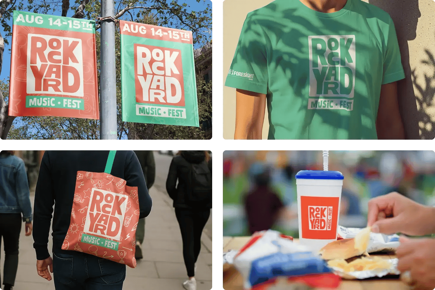 Four-panel collage promoting RockYard Music Fest, Aug 14–15: colorful banners, a green logo T-shirt, branded tote, and cup beside festival food. Four-panel collage promoting RockYard Music Fest, Aug 14–15: colorful banners, a green logo T-shirt, branded tote, and cup beside festival food.
